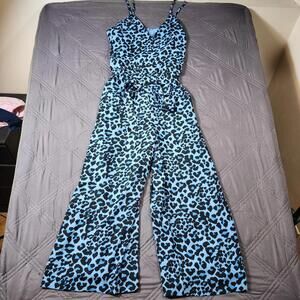 Banana Republic Jumpsuit Womens Black Tan Leopard Print Belted Wide Leg Blue